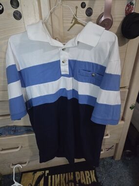 Haband Men's White, Light Blue & Navy Striped Polo